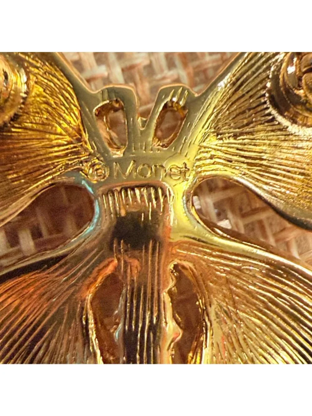 Vintage Monet Gold Tone Butterfly Brooch Clear Rhinestone Signed Romantic Pin